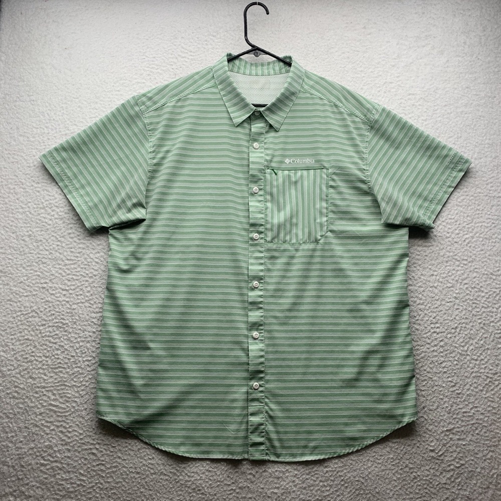 Columbia Twisted Creek II Shirt Mens XXL 2XL Green Striped Vented Hiking Outdoor